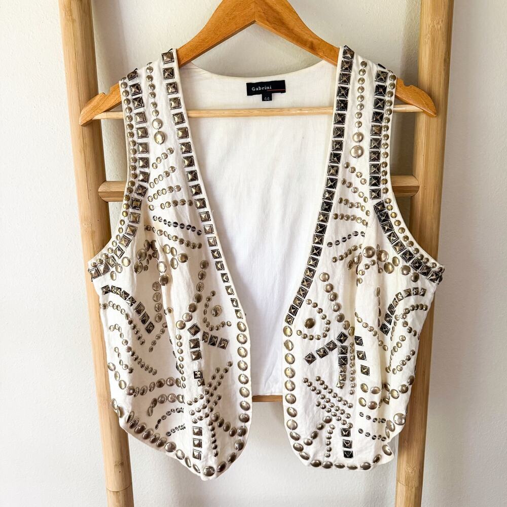 Vintage Gabrini Cream Studded Embellished Boho Open Front Vest 44 Medium Large